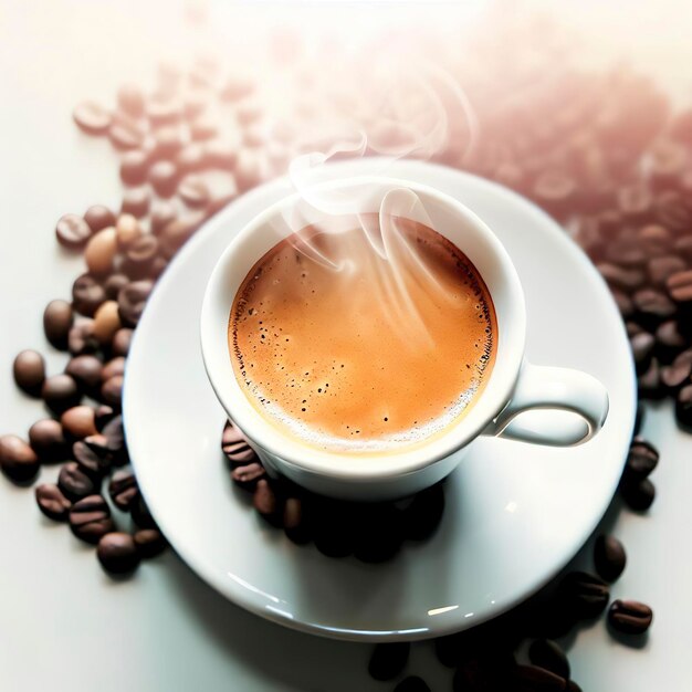 Hot espresso and coffee bean on white table with softfocus and over light in the background top view