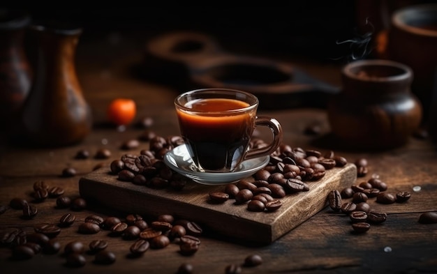 Hot espresso with brown coffee seeds on the brown wooden desk