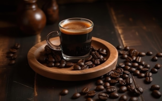 Hot espresso with brown coffee seeds on the brown wooden desk