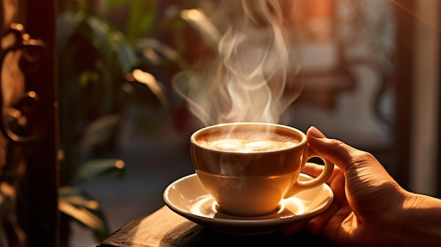 Hot espresso in woman hand at cafe in the morning