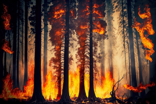 Hot flames that engulfed trees during hot forest wildfire