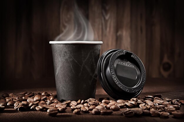 Hot Fresh Brewed Flavored Coffee. Steaming Hot Drink. On Vintage Wooden Background.