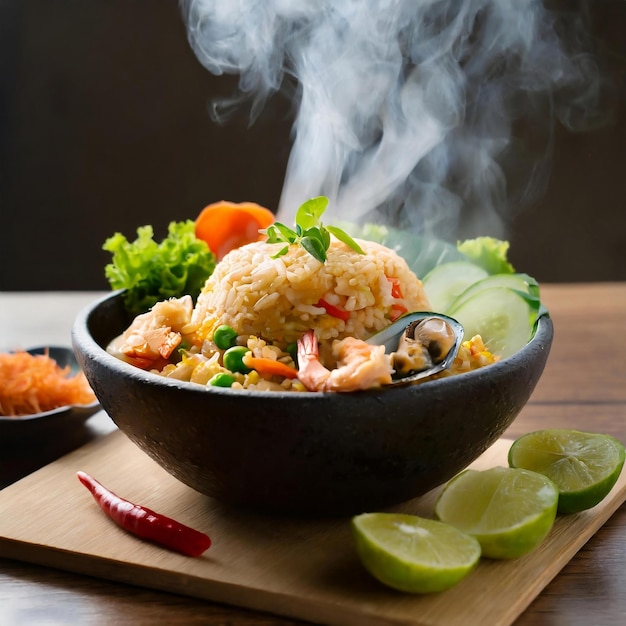 Hot fried rice and served with sea food and salad