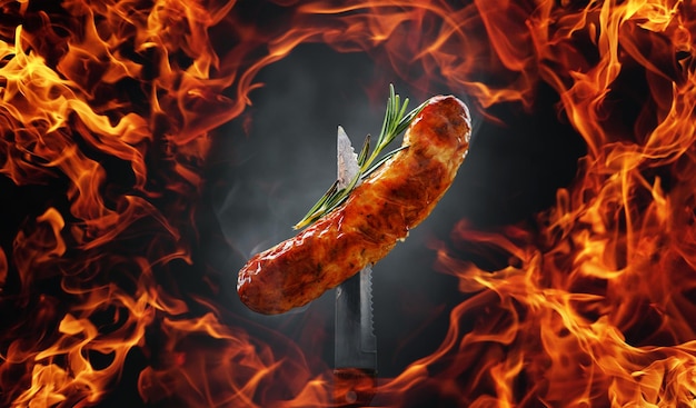 Hot fried sausage on the knife