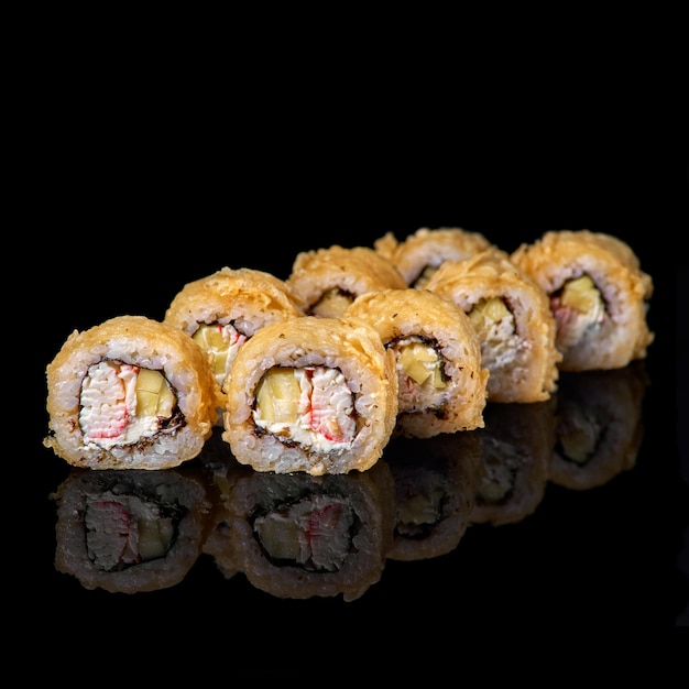 Hot fried sushi rolls and maki with shrimp Tempura Ebi Deepfried Sushi menu Close up