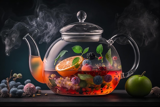 Hot fruit tea with berries in a glass teapot Generative AI