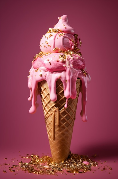 hot fudge pink gold with sparkles ice cream in the style of surreal juxtapositions