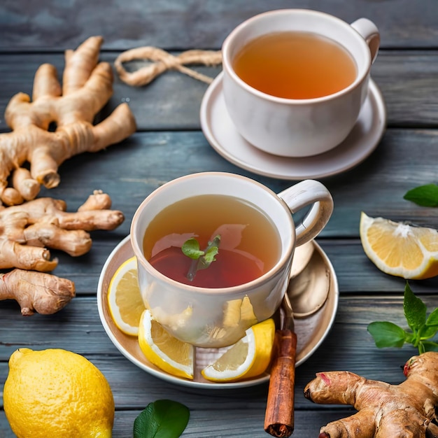 Hot ginger tea drink with lemon natural medicine remedy for cold days