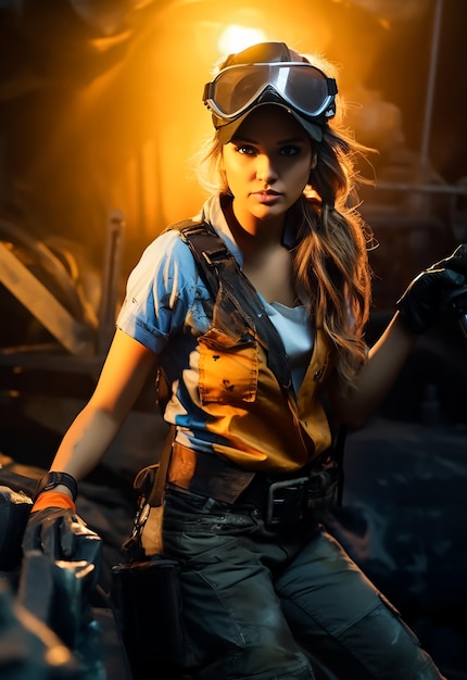 Photo hot girl model in heavy diesel worker safety uniform suit mechanic professional worker hot sexy