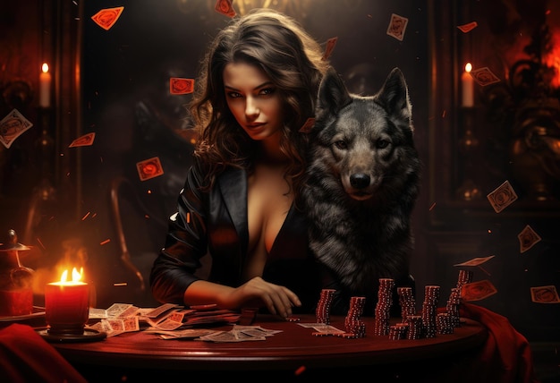 Горячая девушка за столом играет в покер в фэнтезийном казино
