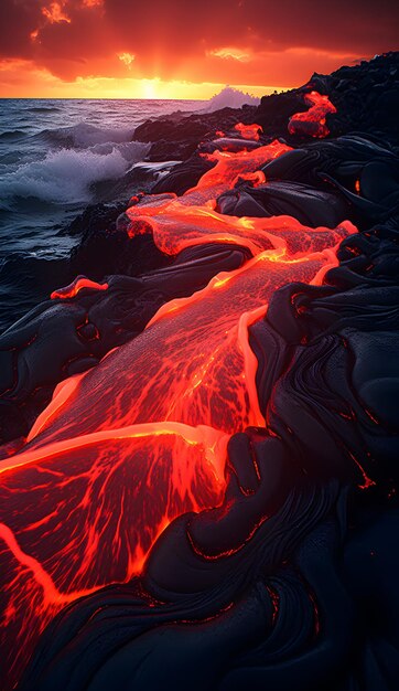 Photo hot glowing lava approaching the ocean