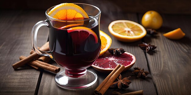 Hot gluhwein in glass mulled wine with oranges and spices