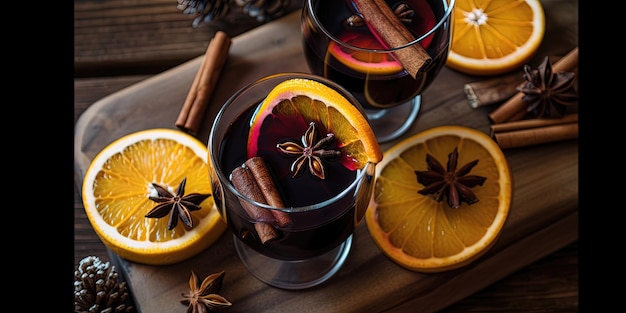 Hot gluhwein in glazen mulled wijn met sinaasappels en specerijen