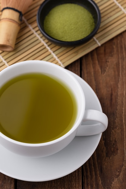 hot green tea in cup on wood