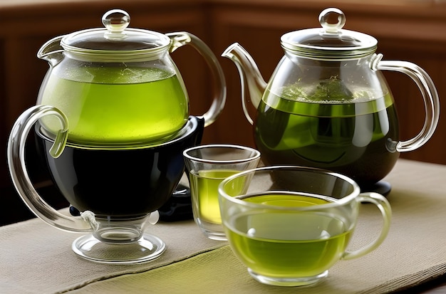 hot green tea in glass teapot and cup