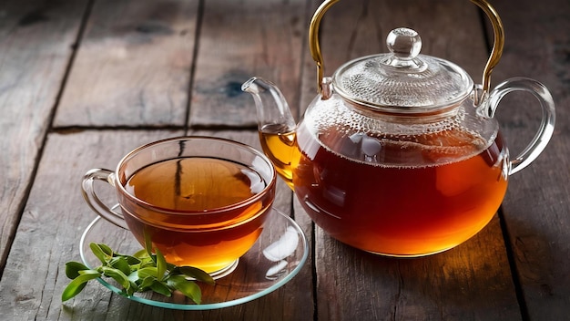 Горячий зеленый чай в стеклянном чайнике и чашке