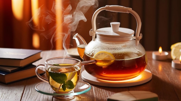 Фото Горячий зеленый чай в стеклянном чайнике и чашке