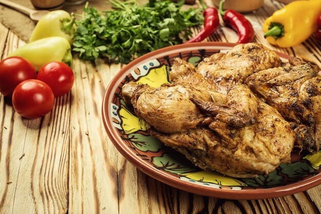 Hot grilled fried roast Chicken Tabaka with herbs and garlic on wooden background