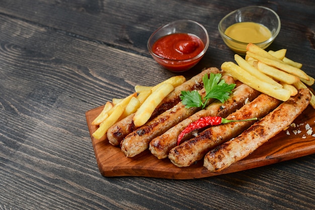 hot grilled sausages, with french fries ketchup mustard