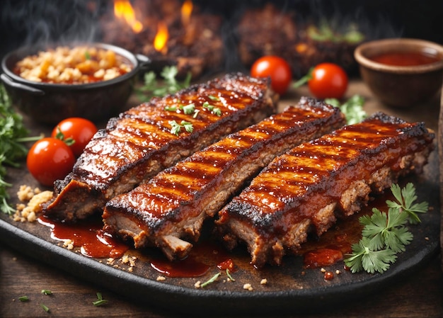 hot grilled spare ribs with barbecue sauce