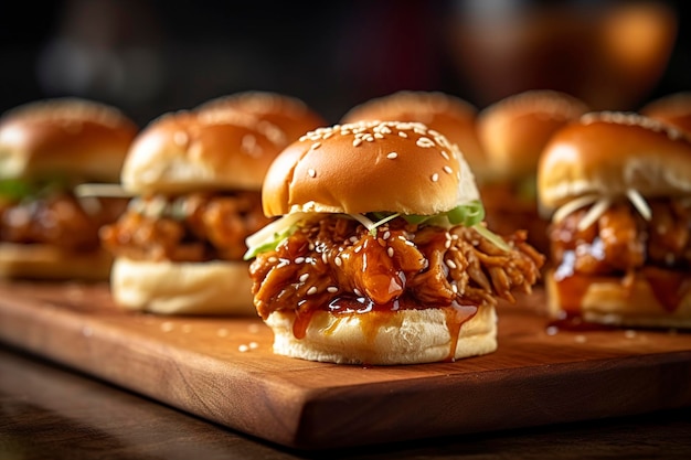 Hot honey chicken sliders worden geserveerd op een houten bord