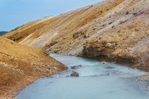 Hot hydrogen sulfide stream among the banks of volcanic ash and tephra in the caldera of Golovnin volcano Kunashir island