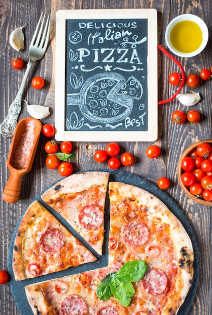 Hot Italian pizza on a rustic wooden table.