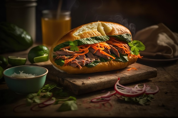 Горячий сочный хот-дог с овощами и мясомУличная еда Generative AI
