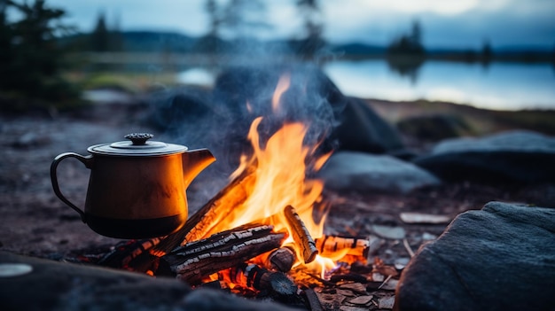 hot kettle and a cup of tea on the campfire high quality photo