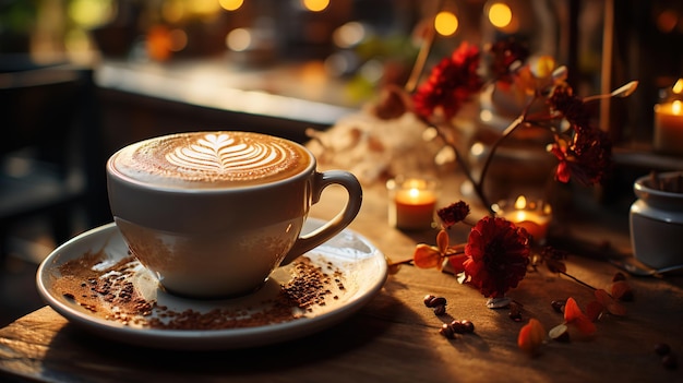 Hot Latte Art in a Coffee Cup at a Cozy Coffee Shop Illuminated by the Inviting Afternoon Light