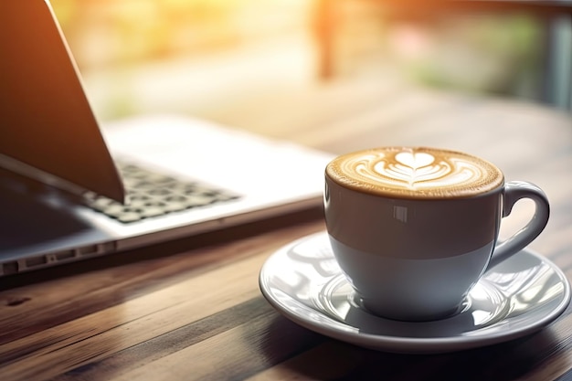 나무 테이블에 있는 뜨거운 라떼 아트 커피 휴식 시간 Made by AI인공 지능
