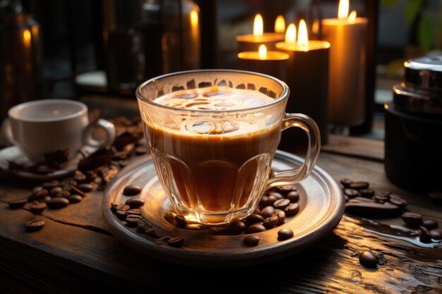 写真 カフェテリアの木製テーブルの上にあるコーヒーカップのホットラテアート (hot latte art in the cup of coffee on the wooden table in the cafeteria generative ia)