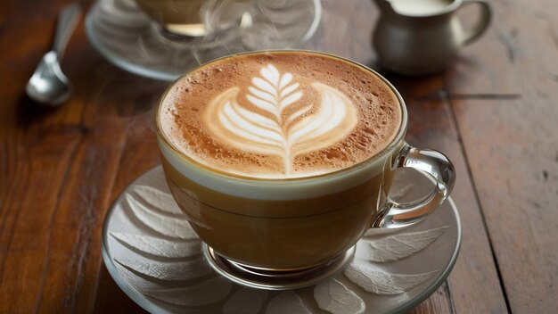 Hot latte coffee on table close up