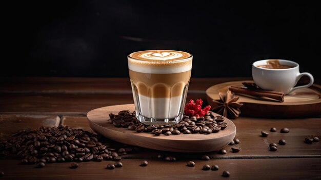 Hot latte coffee with coffee beans on wood table