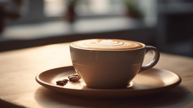 Горячий кофе латте с искусством латте на деревянном столе Generative AI