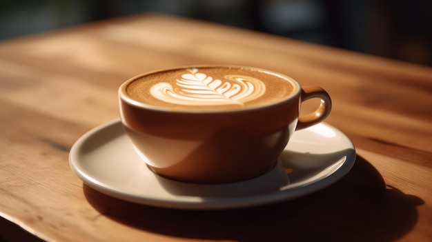 Hot latte coffee with latte art on wooden table Generative AI