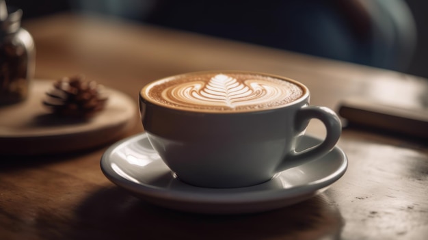 Hot latte coffee with latte art on wooden table Generative AI