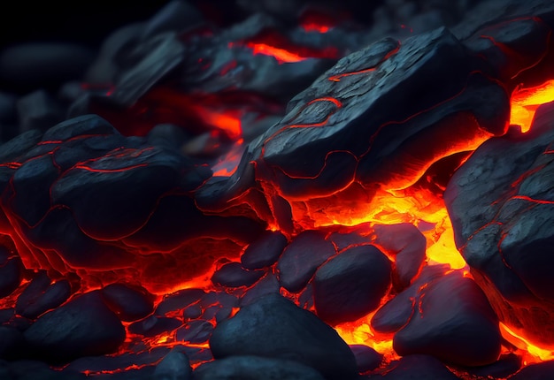 Hot lava flows on stones eruption Red Magma