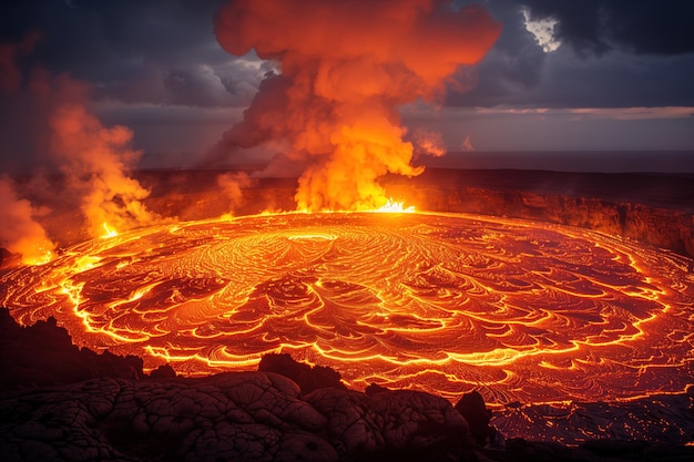 hot lava lake in the crater of a shield volcano at night