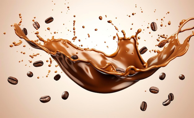 hot liquid coffee splash with Coffee Bean falling 3d illustration