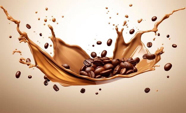 hot liquid coffee splash with Coffee Bean falling 3d illustration