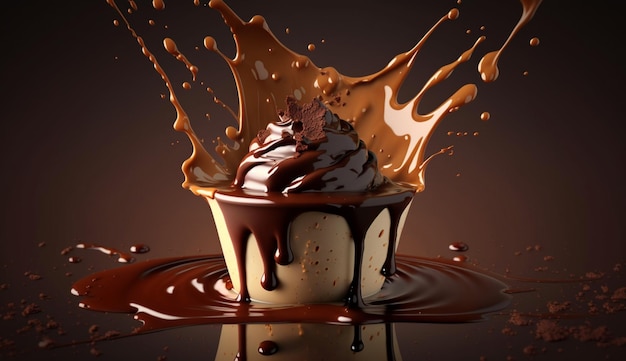 Hot melted dark chocolate pudding splashing generative ai