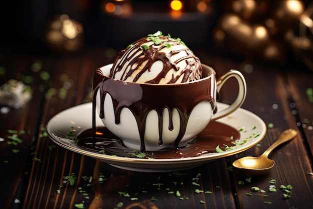 Hot milk melts cocoa bomb Dark hot chocolate in cup Milk splashes Comfort food White wood table gre