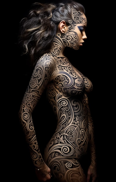 Photo hot model girl in full body tattoo naked hot body full skin mandala art tattoo