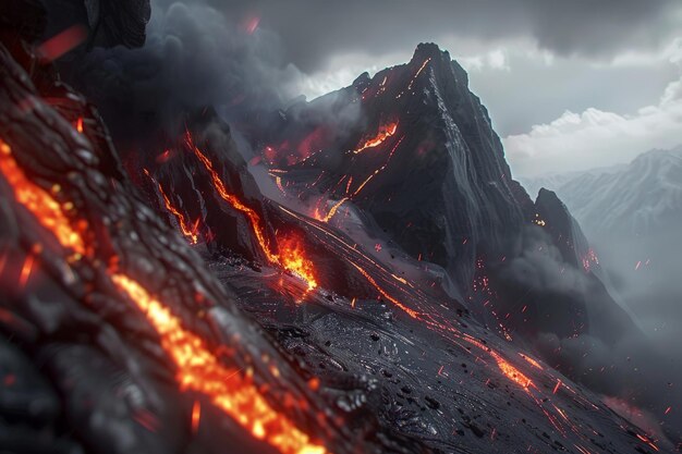 Photo hot molten lava streaming volcano eruption stream hot boiling magma venus other planet surface