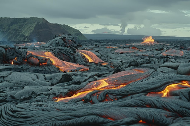 写真 熱い溶けた溶岩の流れ 火山の噴火の流れ 熱い沸騰するマグマ 金星 他の惑星の表面