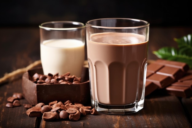 A hot mug of cocoa next to a glass of cold milk