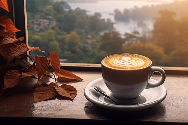 A hot mug of coffee overlooking the autumn landscape outside the window ai generative