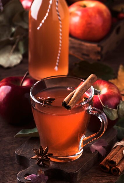 Hot mulled apple cider with with cinnamon sticks cloves and anise on wooden background Traditional autumn winter drinks and cocktails