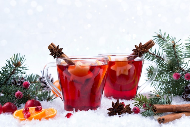 Hot mulled spiced red wine in glasses